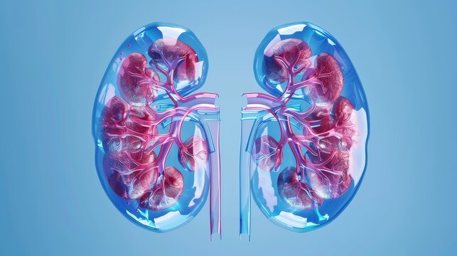 3D render of two human kidneys with transparent tissue revealing internal structure, medical anatomy art on solid blue background