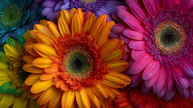 A bright summer bouquet of colorful gerbera daisies and spring asters features vibrant red, orange, and yellow petals blooming in a beautiful floral garden