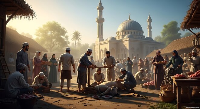 Bustling Community Gathering for Eid al-Adha Meat Sacrifice and Distribution in a Traditional Village Square near a Grand Mosque
