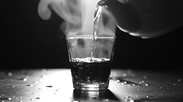 Black and white close up of pouring hot tea into a glass with steam and droplets