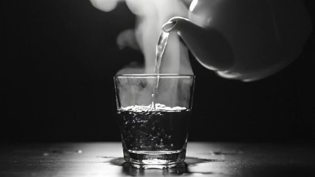Black and white close up of a teapot pouring hot water into a clear glass, creating steam.