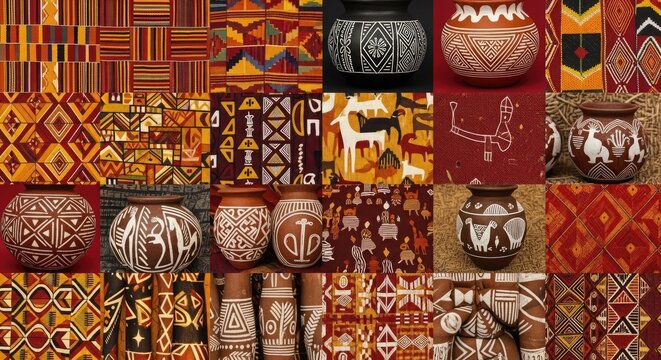 Vibrant collection of traditional southwestern pottery and textiles with geometric patterns