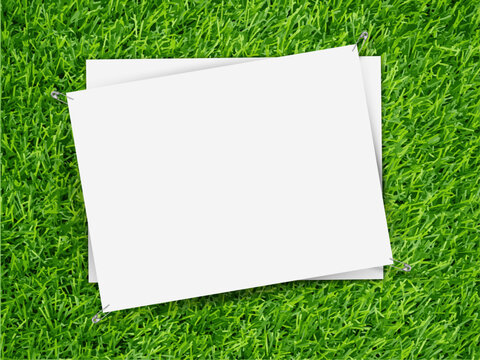 Running race bib mockup with safety pins on grass texture. Ideal template to showcase a bib design. Editable vector illustration