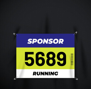 Running race bib mockup pinned with safety pins on sports t-shirt, realistic running event number template with sponsor branding on fabric