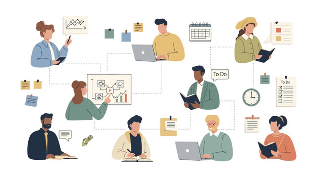 Brainstorming Business: A vibrant illustration showcasing individuals deep in thought and collaborating on projects.