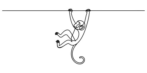 A single continuous line drawing of a cute monkey hanging from a horizontal bar in a simple minimalist style. Vector, illustration © Rimi Kailash Arts