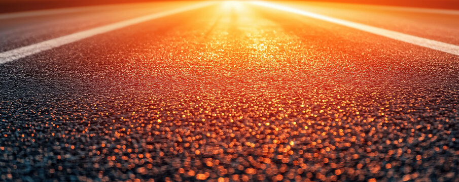 Asphalt road surface with white lane markings glowing warmly under bright sunlight at sunset