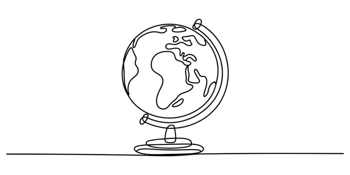 A continuous single line drawing of a globe showing continents on a simple stand isolated on a plain white background Vector, illustration