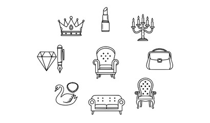 Luxury outline icons collection with crown diamond lipstick and elegant furniture in monoline vector style © BijoyChandra