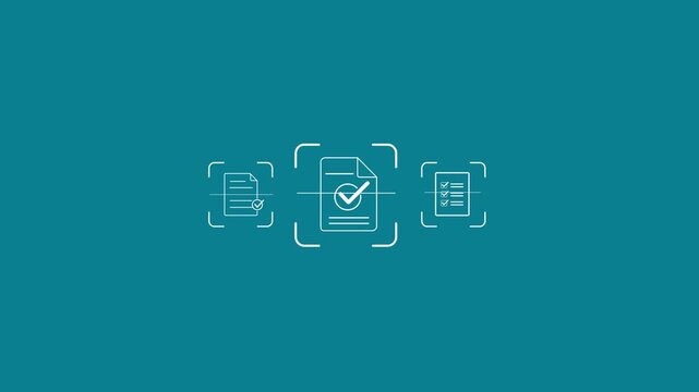 Mobile OCR document scanning technology for digital paperwork management, showing business professional using data to capture paper documents. Motion graphics of document concept