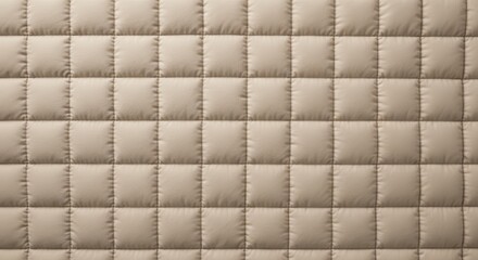 Fototapeta premium Close-up view of a beige quilted fabric with a repeating geometric grid pattern of visible stitching lines, offering a soft and cozy texture for various textile applications.