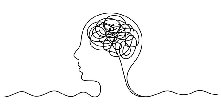 A single line art drawing depicting a human profile with a tangled brain representing complex mental processes. Vector, illustration
