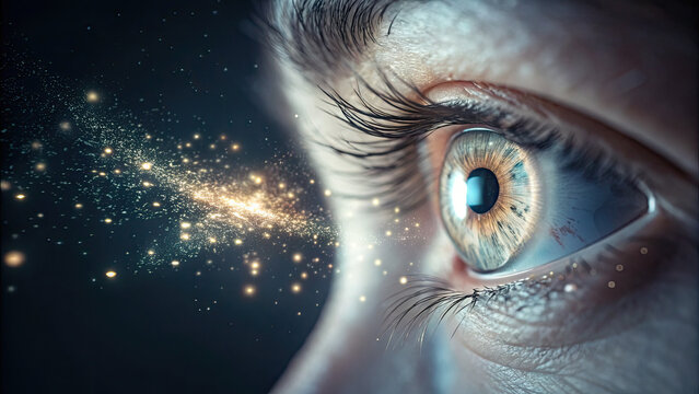 Particle effect showing abstract emotional loss concept. A close-up of an eye with a galaxy reflecting in the pupil.