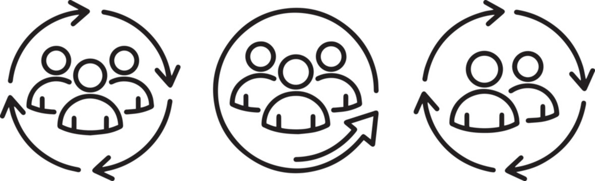 Minimalist vector line icons representing teamwork collaboration employee lifecycle human resources management and agile business process development with circular arrows for stock