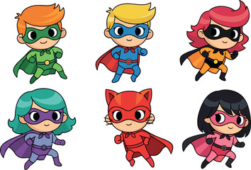 Six Cute Kids Superhero Cartoon Vector Set with Colorful Costumes Masks Capes Boys Girls Chibi Style Flying Poses © MdRaisul