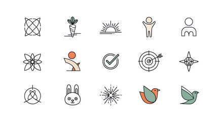 Fototapeta premium Modern Minimalist Icon Set: Business, Lifestyle, Nature, and Abstract Symbols