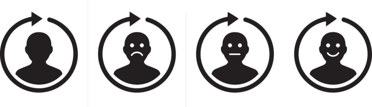 Vector illustration of person silhouette head icons with circular arrow showing happy sad and neutral emotions for customer feedback and user experience