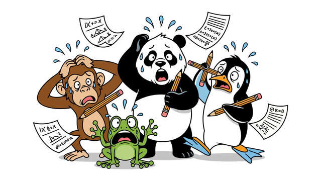 Stressful Exam Animals: A comical illustration showing a monkey, panda, frog, and penguin, all in a state of panic as they struggle with exam papers and pencils.