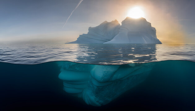 Cinematic wide shot captures iceberg floating in calm ocean with sunlight reflecting on surface and hidden mass below water
