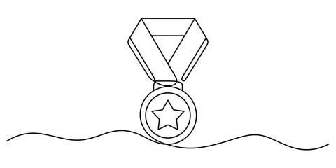A single continuous line drawing of a gold medal with a star symbol representing victory and success in sport. Vector, illustration © Continues One Line D