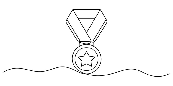 A single continuous line drawing of a gold medal with a star symbol representing victory and success in sport. Vector, illustration