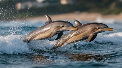 Fototapeta premium Two dolphins leap from ocean waves near a sandy beach, creating splash in sunshine