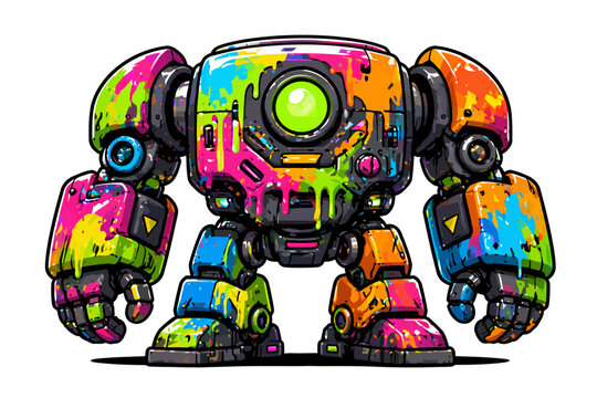 Graffiti Robot character bursting with colorful paint splashes, expressive futuristic street art illustration full of energy and attitude