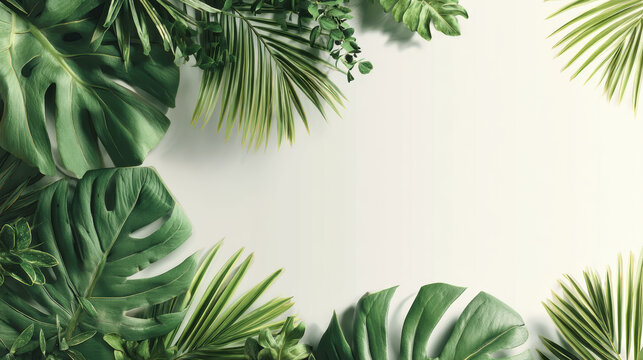 Tropical leaf frame with green palm and monstera leaves on white background creating fresh and natural border