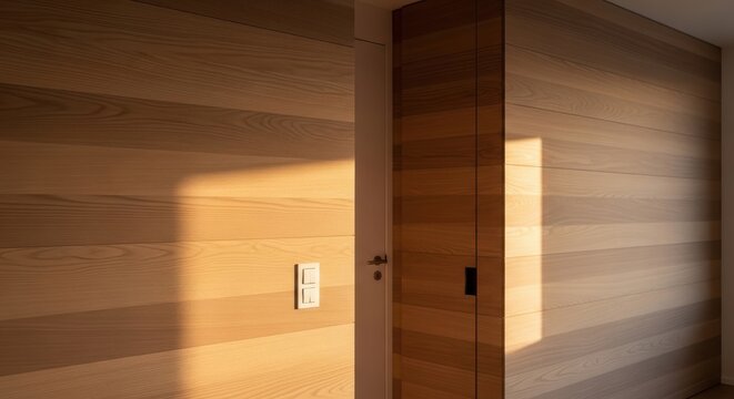 Sunlight casting dramatic color shifts and shadows across a modern wooden interior with a door and wall paneling.