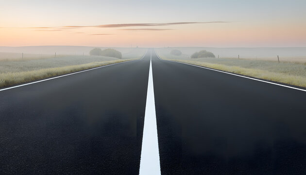 A clean asphalt road stretches toward the horizon at sunrise, surrounded by nature.