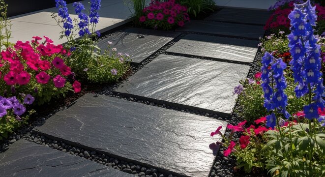 Dark slate stepping stones create a modern garden pathway with vibrant flowers and gravel detailing.