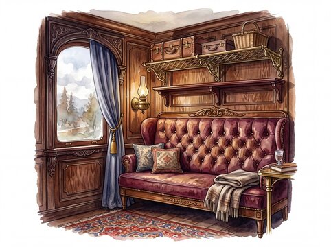 Vintage luxury train compartment interior with leather sofa and window view isolated on white background