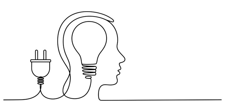 A single continuous line drawing of a human profile with a light bulb shape and an electric plug on white backg Vector, illustration