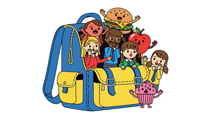 Naklejka premium School Backpack Friends: An adorable scene unfolds as a vibrant backpack bursts with life, hosting a charming ensemble of friendly figures, each a delightful food item, radiating joy and camaraderie.