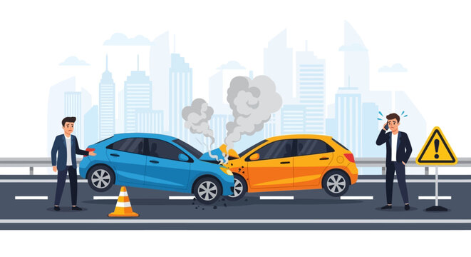 Illustration of two men inspecting crashed blue and orange cars on a road with a cityscape background and warning signs.