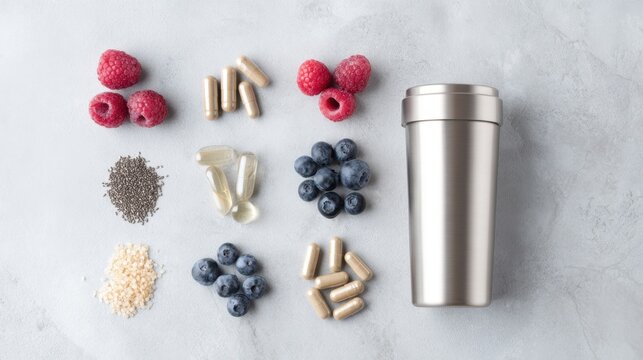 Healthy supplement and berry flatlay with capsules, chia seeds and stainless shaker for wellness design poster background