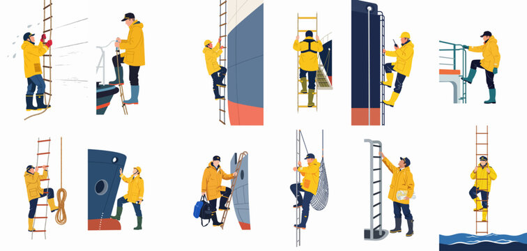 Set of vector illustrations depicting maritime pilots and sailors in yellow raincoats climbing various ladders on board large ships and vessels.
