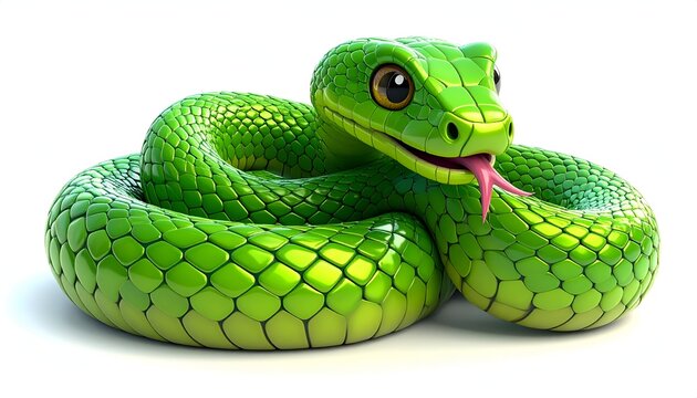Adorable Green Snake with Tongue Out on White Background.