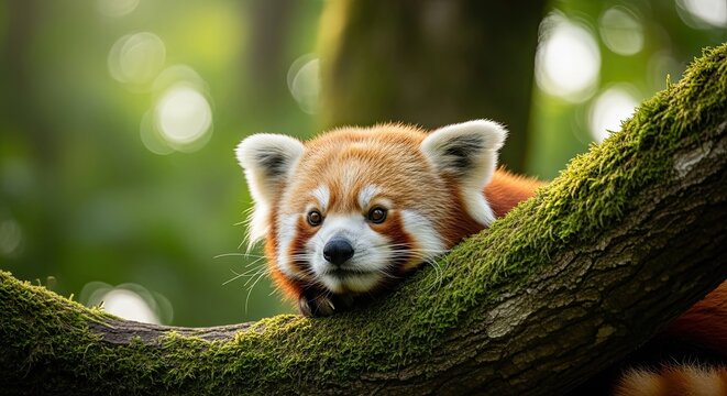 A red panda resting on a mossy tree branch in a forest setting with a gentle expression on its face