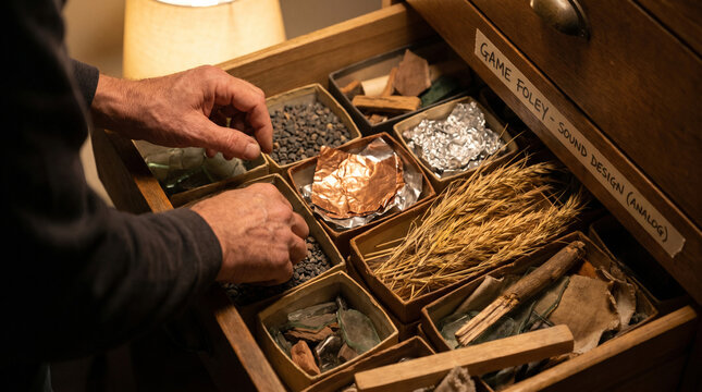 Foley Artist Selecting Materials For Sound Design
