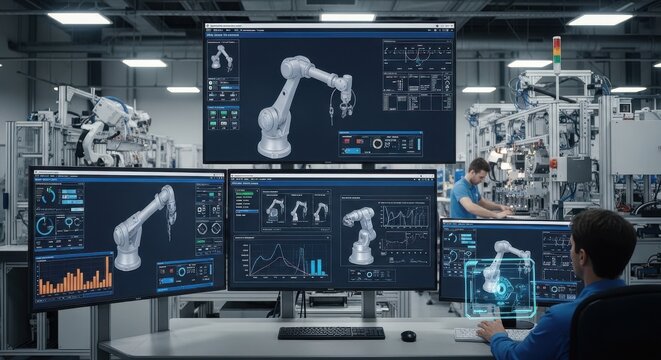 Advanced Robotic Manufacturing Control Hub Featuring Complex Automation Systems on Multiple Displays