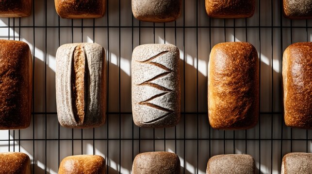 multiple baked loaves arranged neatly on cooling rack casting structured shadows, top view