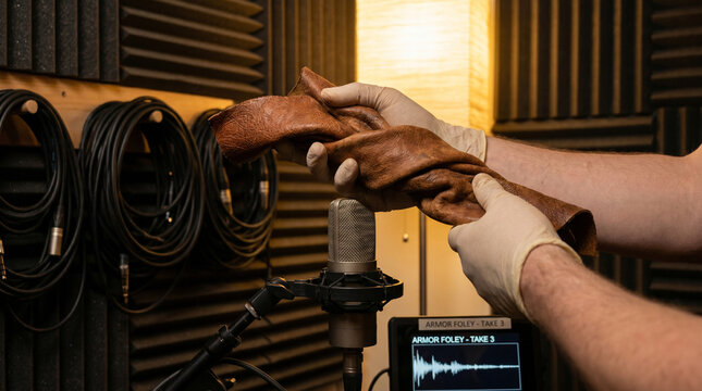 Foley Artist Twisting Leather For Sound Effect Recording