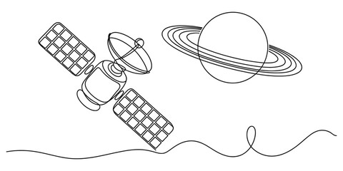 A continuous line drawing featuring a technological satellite floating near a giant planet with large ring system Vector, illustration © RK Drawing Gallery