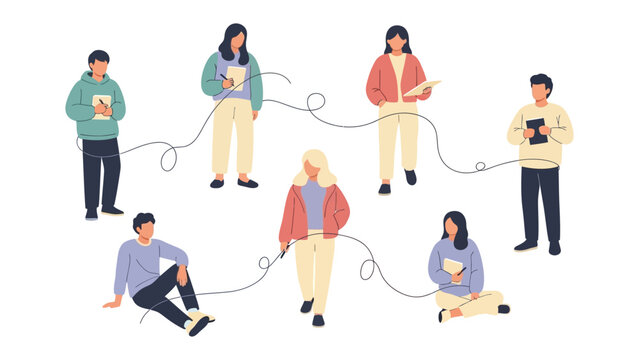 Interconnected Minds: A group of individuals united by a common thread, symbolizing the power of connection and shared knowledge in a modern learning environment. 