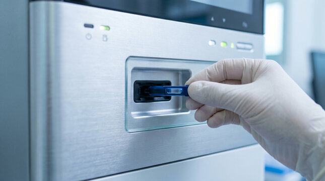 Gloved Hand Inserting Cartridge Into Laboratory Sequencing Machine