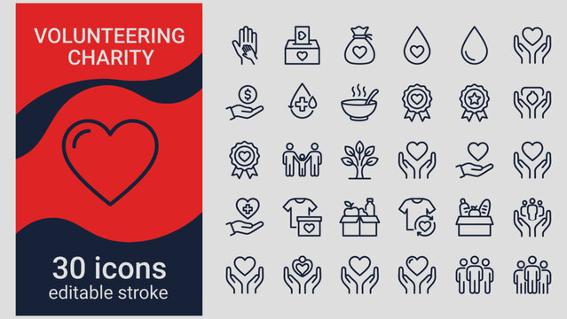Volunteering and charity icons set for nonprofit organizations and social causes  editable stroke