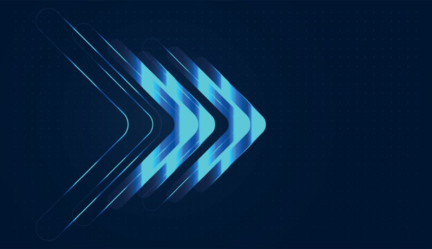 The business graphic uses glowing neon lines to represent the upward momentum of a modern digital enterprise. Multiple arrow motifs point toward success