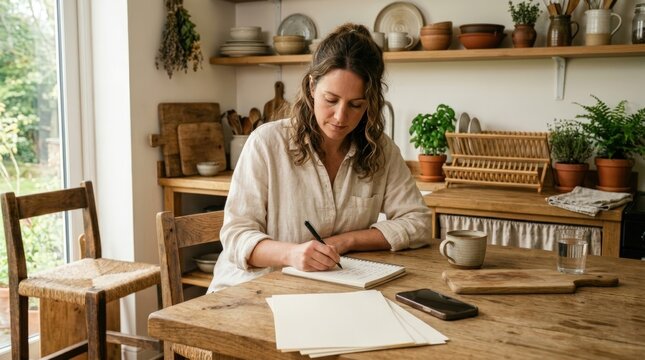 Centered homeowner at kitchen island writes offline application