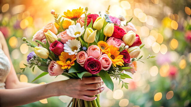 Woman holding a vibrant bouquet of flowers in a garden